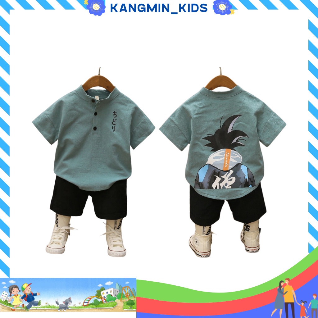 Bộ quần áo bé trai chất đũi Kangminkids, bộ cộc tay bé trai họa tiết hoạt hình Chidori001, quần áo trẻ em từ 6-27kg
