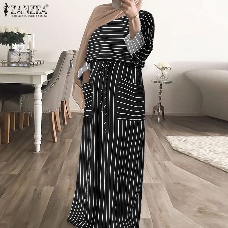 Zanzea Đầm Dài Họa Tiết Kẻ Sọc Có Túi Và Dây Rút Phong Cách Hồi Giáo Thời Trang Cho Nữ