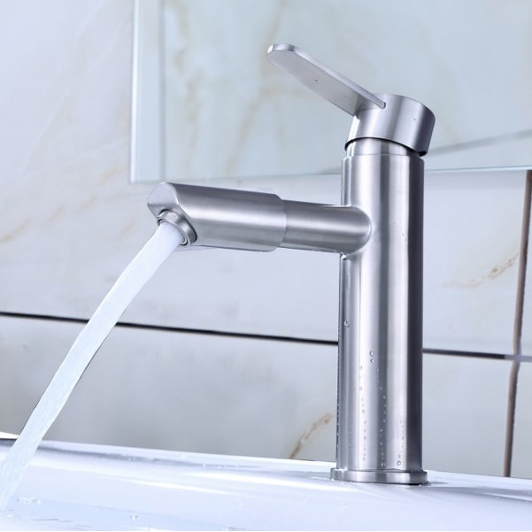 Vòi Lavabo nóng lạnh (trụ tròn, vòi thẳng, đầu xoay 360) SUS304 - Cao cấp ITALIA (Kèm đôi dây cấp nước)