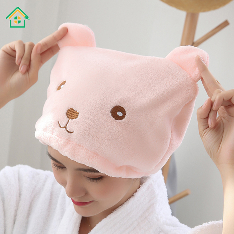 Khăn Trùm Đầu Thấm Hút Nước Tốt Làm Khô Tóc Hình Gấu Dễ Thương