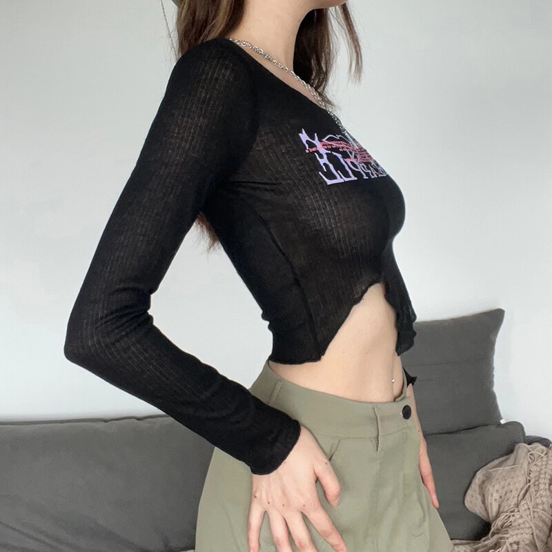 Áo croptop KLIOU tay dài cổ tròn in chữ thời trang cho nữ