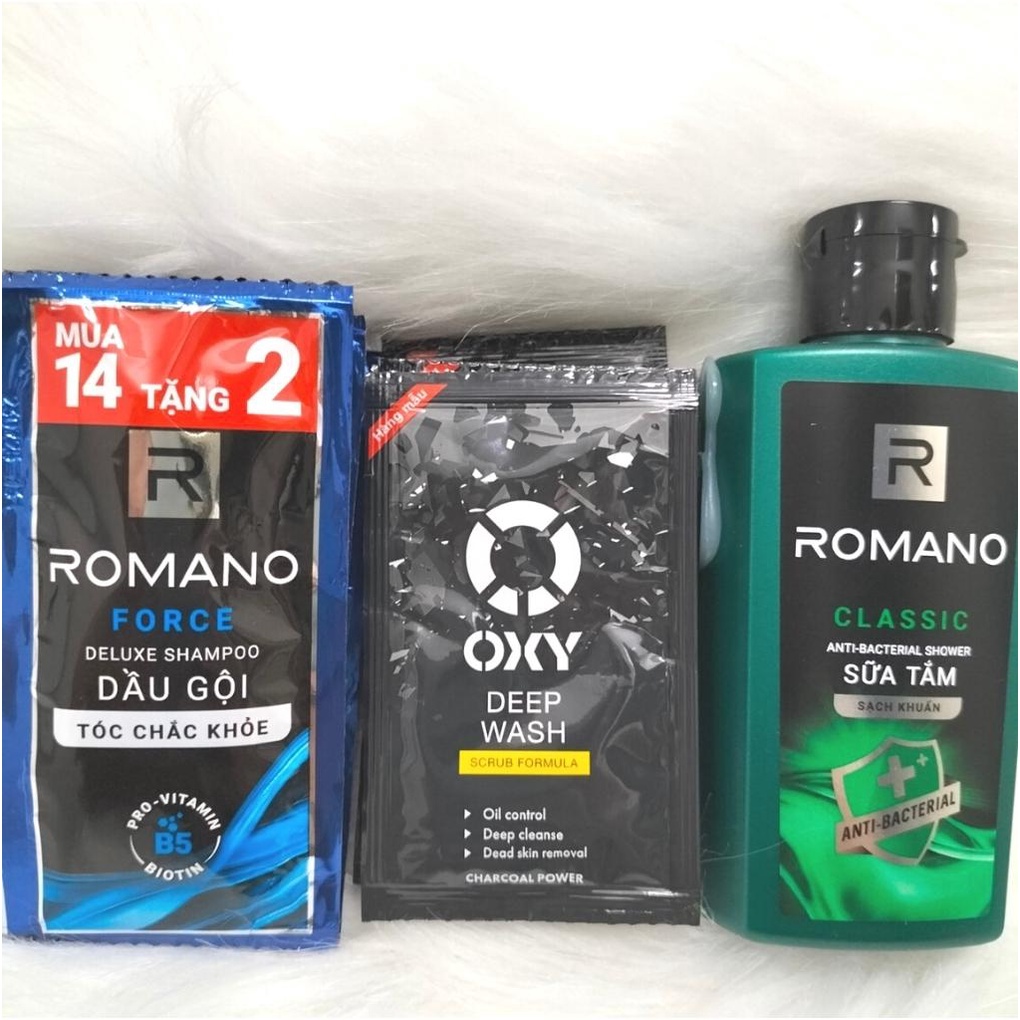 Set 3 Món: Gồm 1 Dây 14 gói dầu gội Romano 6g+1 Chai Sữa tắm Romano 60g+ 5 gói Sữa Rửa mặt Oxy 3g*5 cho nam-Hàng mini