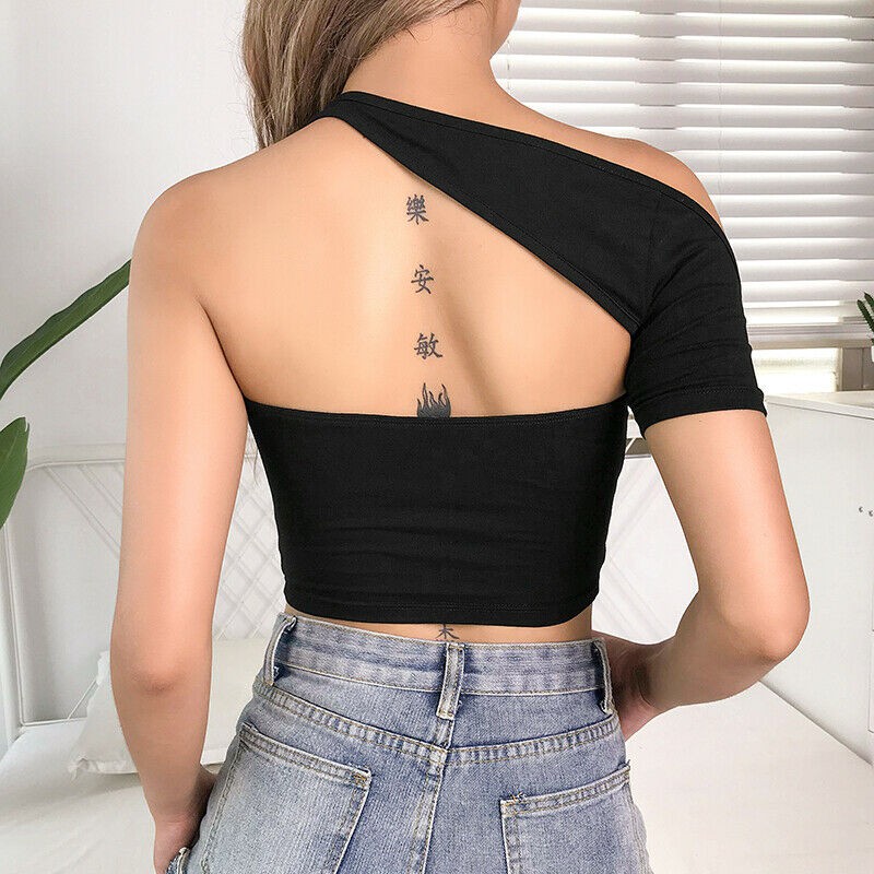 Áo crop top thể thao vai màu đen trơn sành điệu dành cho nữ