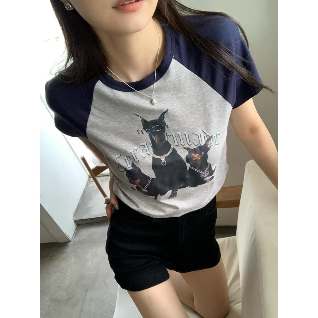 Áo Thun Dáng Ôm Ngắn Tay In Hình Chú Chó Phối Màu Dễ Thương 61241