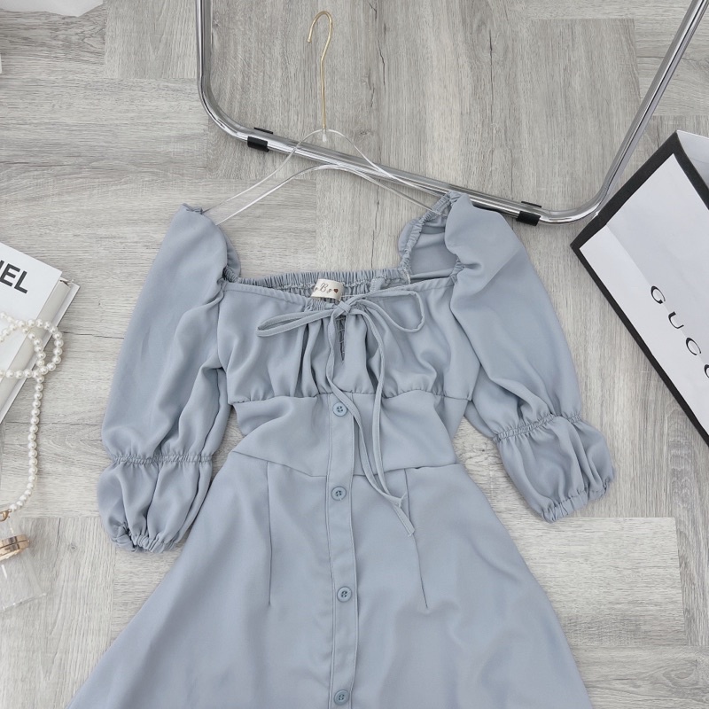 ĐẦM MIDI CỔ VUÔNG XẾP LY NGỰC TAY KHUC BO