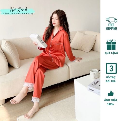 Bộ đồ ngủ lụa trơn phối ren dài tay nữ tính mùa thu đông EMMA, freesize
