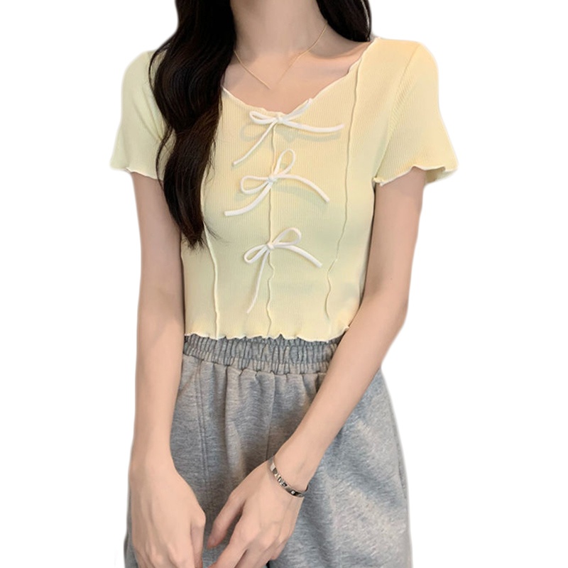 Áo Thun Croptop Dệt Kim Tay Ngắn Cổ Tròn Phối Nơ Họa Tiết Kẻ Sọc Màu Tương Phản Dễ Thương Thời Trang Cho Nữ