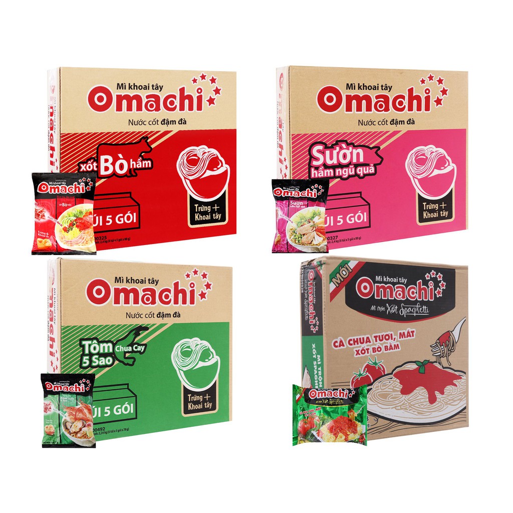 Thùng 30 gói mì khoai tây Omachi bò hầm/tôm chua cay/sườn hầm/mì trộn sốt Spaghetti 80g