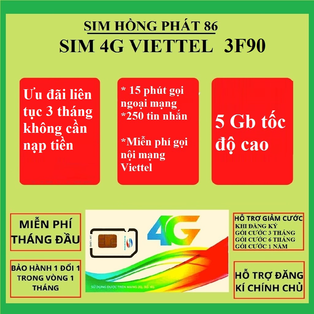 sim viettel 4G gói cước 3F90 trọn gói 3 tháng 15Gb tốc độ cao miễn phí gọi nội mạng,45p gọi ngoại mạng,750 tin nhắn