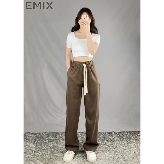 Quần thể thao jogger nữ EMIX (2 màu), unisex, dáng đài, cạp cao, lưng chun, rút dây, viền sọc, bo gấu, nhung tăm 2451