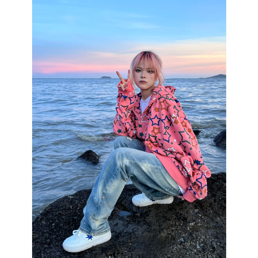 Áo Hoodie Tay Dài Dáng Rộng In Hình Ngôi Sao Năm Cánh Phong Cách Preppy Dễ Phối Đồ