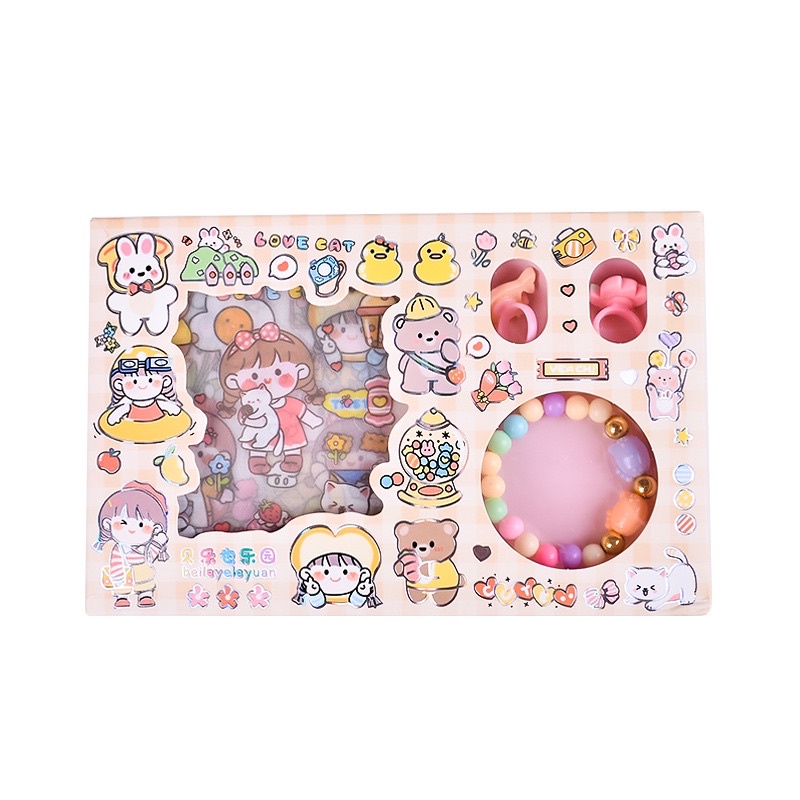 Hộp hình dán sticker kèm trang sức  nhẫn vaf và  vòng  tay đồ chơi cho bé