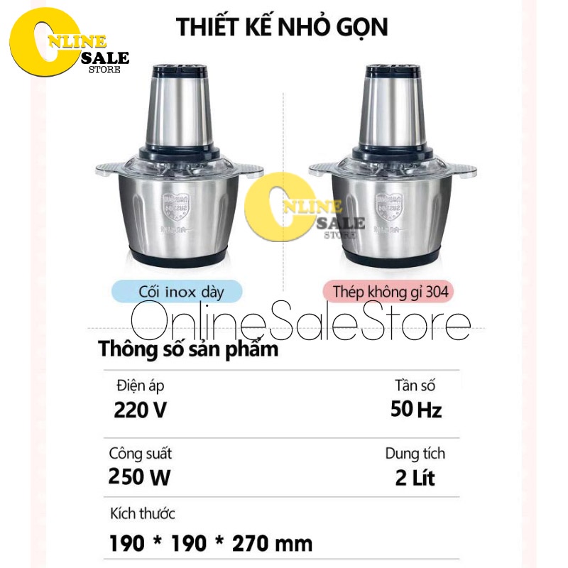 Máy Xay Thịt Đa Năng Cối INOX 304 2L Công Suất 250W, 4 Lưỡi, Cối xay thực phẩm