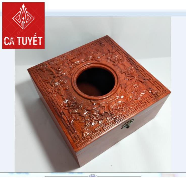 HỘP ĐỰNG GIẤY ĂN GỖ HƯƠNG VUÔNG 20x20 CHẠM HOA HỒNG - ẢNH THẬT