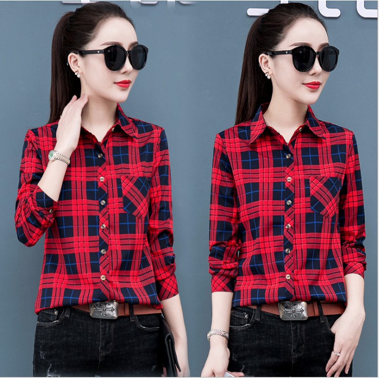 Áo sơ mi nữ phong cách công sở, Áo sơ mi nữ phối kẻ caro kiểu dáng xinh xắn trẻ trung