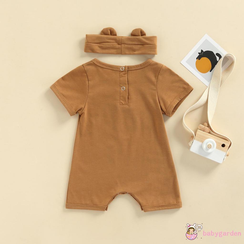 Bộ áo liền quần cổ tròn tay cộc in hình gấu hoạt hình + băng đô cho bé trai 0-18 tháng tuổi