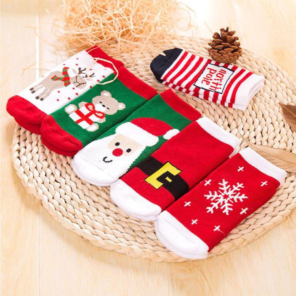 LAYOR1 Set 6 Đôi Tất Cotton Ngắn Hình Ông Già Noel Cho Bé