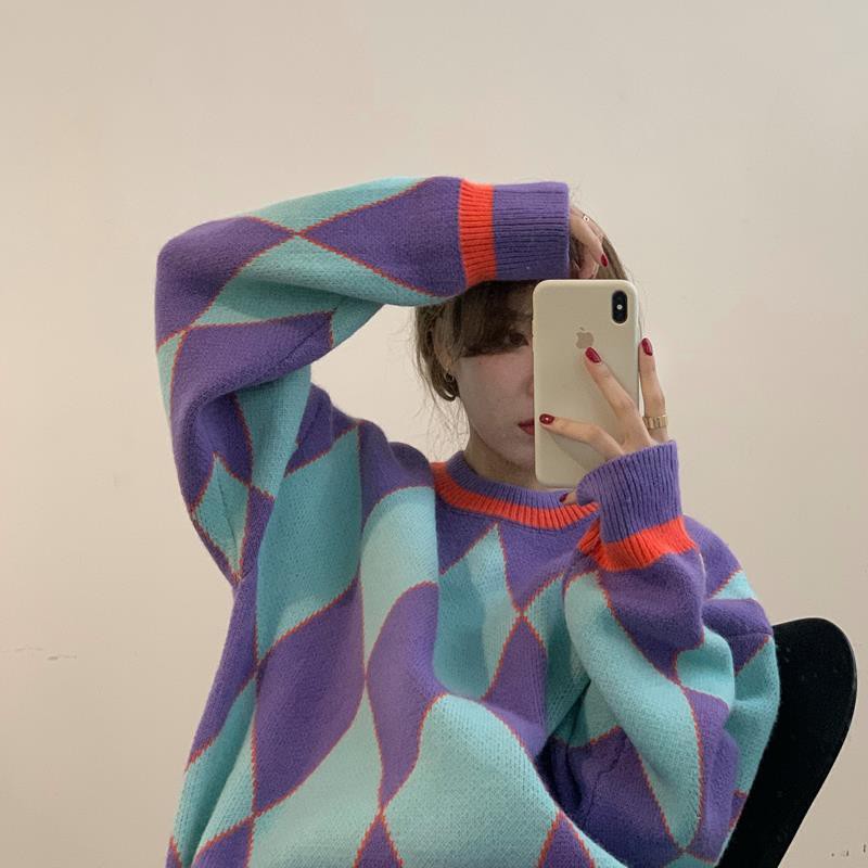 Áo Sweater Dệt Kim Dáng Rộng Màu Sắc Tương Phản Phong Cách Retro Hàn Quốc Cho Nữ 2021 | BigBuy360 - bigbuy360.vn