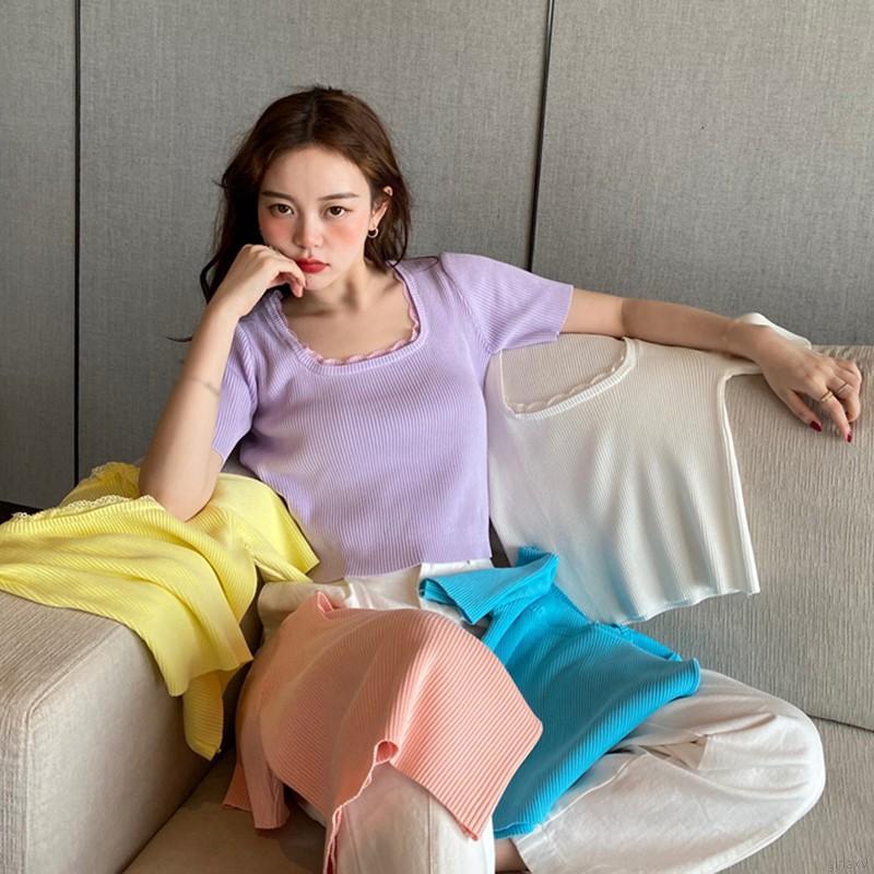 Áo Len Tay Ngắn Ôm Dáng Phong Cách Hàn Quốc Dành Cho Nữ