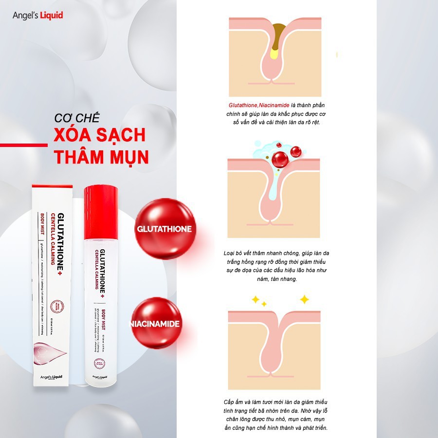 XỊT GIẢM MỤN LƯNG ANGEL'S LIQUID Dưỡng Trắng Cơ Thể Glutathione Plus Centella CALMING BODY MIST 150ml | BigBuy360 - bigbuy360.vn