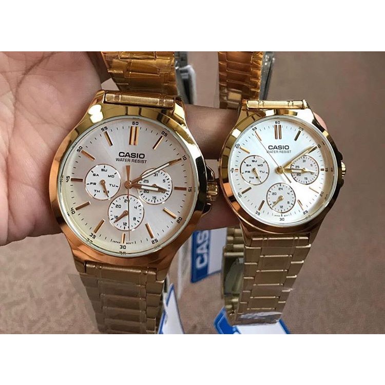 Đồng hồ Đôi Nam nữ Casio V300G, đồng hồ chính hãng, dây thép màu vàng mặt 6 kim
