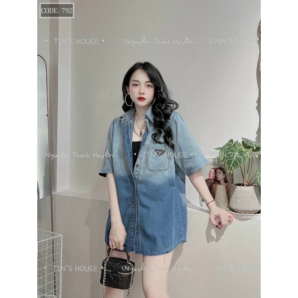Áo jean nữ form rộng loang màu hàng Quảng Châu cao cấp - áo denim dáng dài form rộng