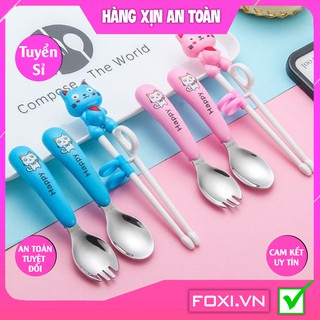 Bộ Thìa-Dĩa-Đũa Cho Bé Ăn Dặm Foxi-Phương pháp BLW Tự chỉ huy-Tập Xúc-Cán Ngắn Có nút Chặn An Toàn-kèm Hộp Đựng Vệ Sinh