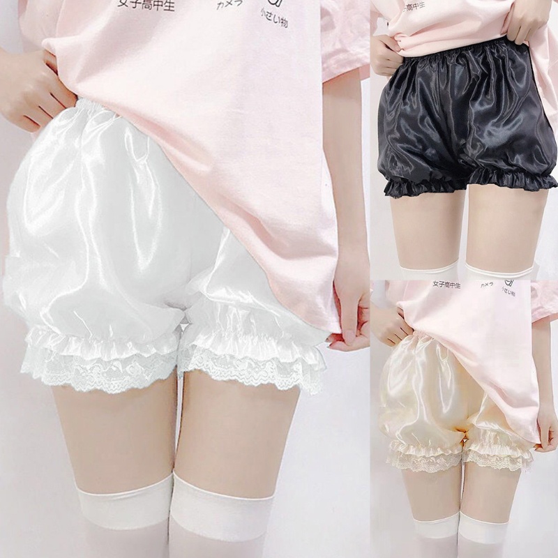 Run Quần Bí Ngô Dáng Rộng Vải Lụa Satin Viền Ren Nhún Bèo Phong Cách Lolita Cho Nữ