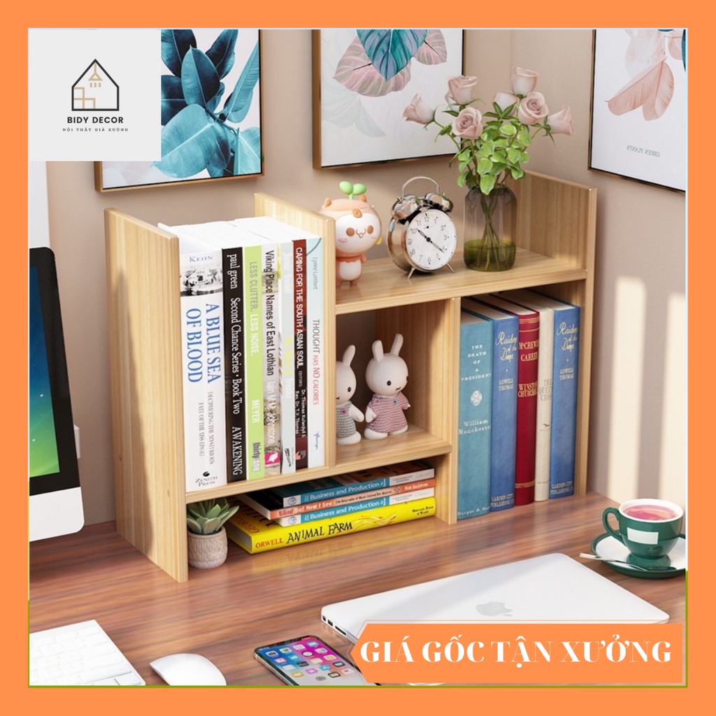 Kệ sách lắp ghép đa năng để bàn chất liệu bằng gỗ Melamin kháng nước, chống trầy xước, chịu nhiệt tốt.