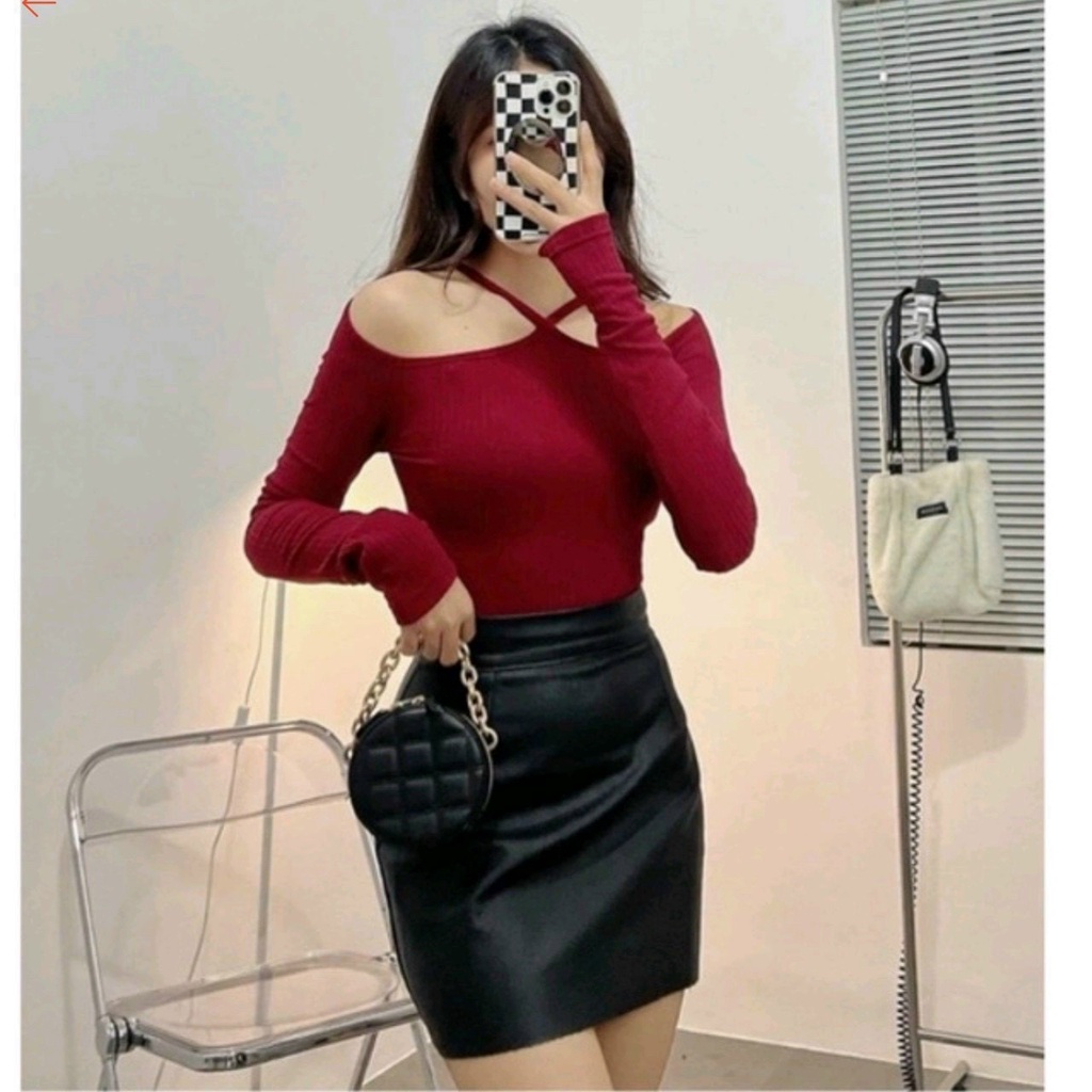 Áo kiểu nữ tay dài bẹt trễ vai thun gân 2 dây chéo cổ xinh