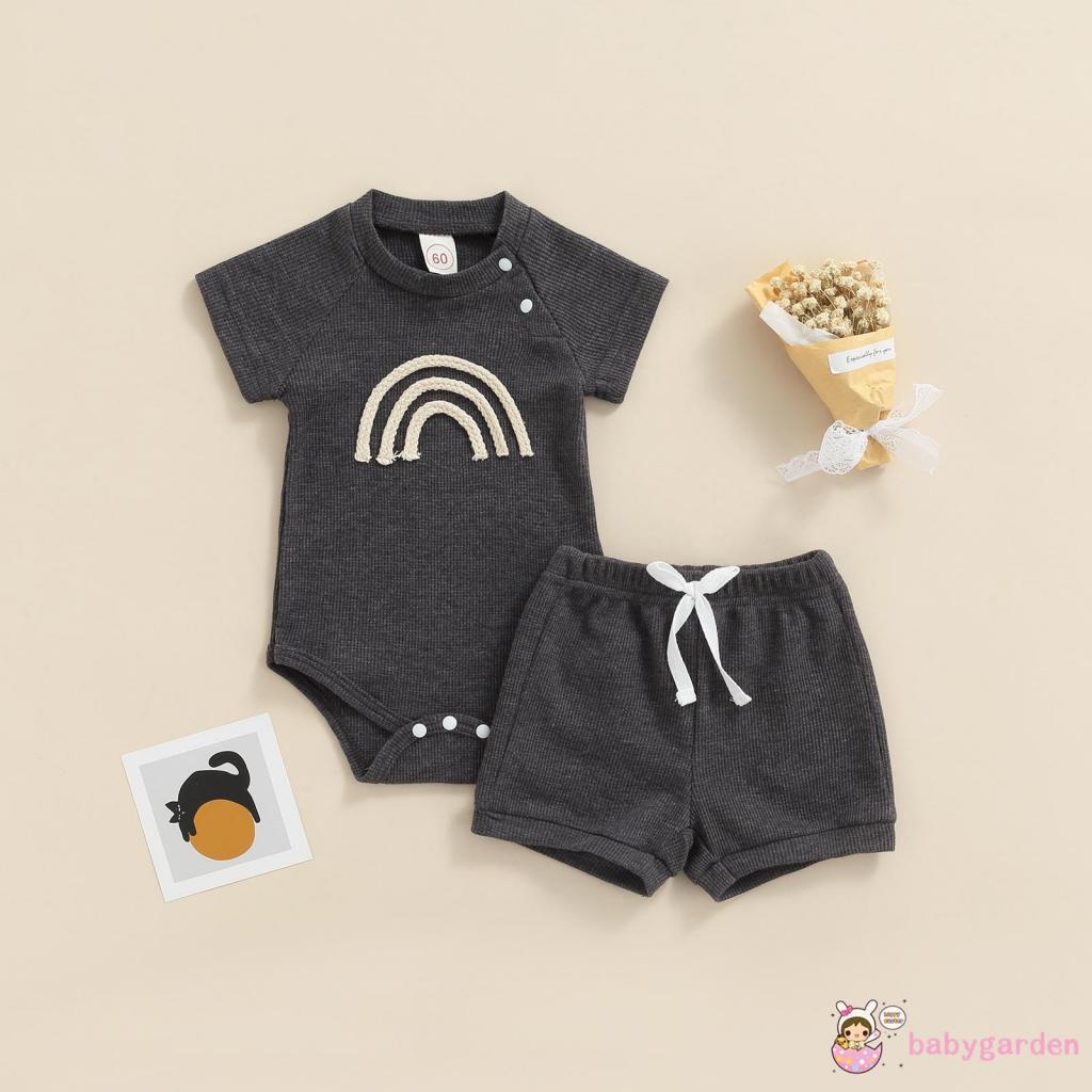 Bộ Áo Liền Quần Tay Ngắn Cổ Tròn In Họa Tiết Cầu Vồng + Quần Short Màu Sắc Ngọt Ngào Thời Trang Cho Bé 0-18 Tháng Tuổi