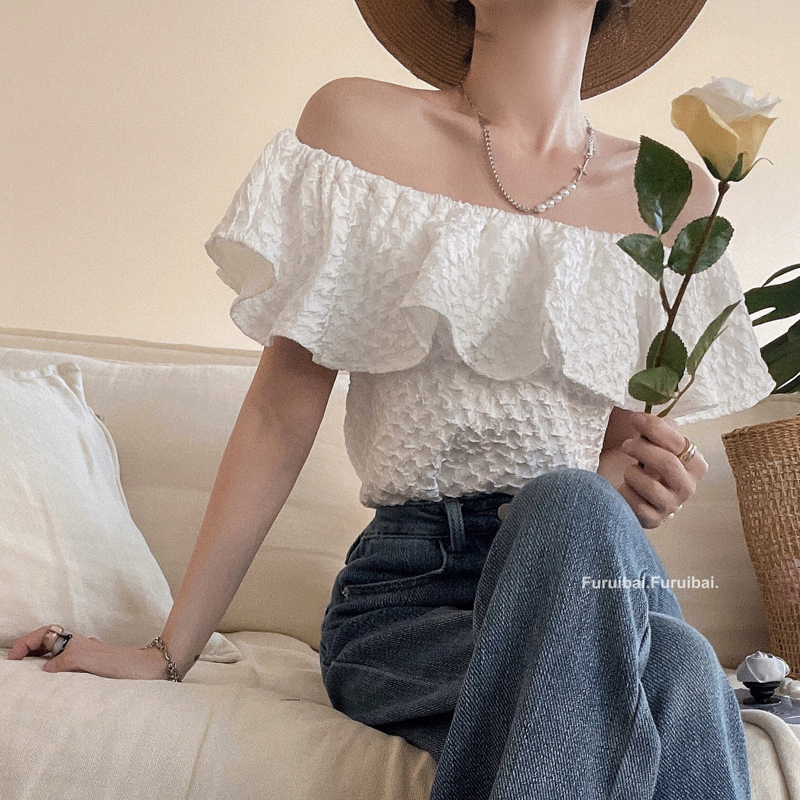 Design High-Grade Ruffled Collarbone off-Shoulder Top Summer Super Fairy Jacquard Short Sleeve Western Style Women's White Shirt