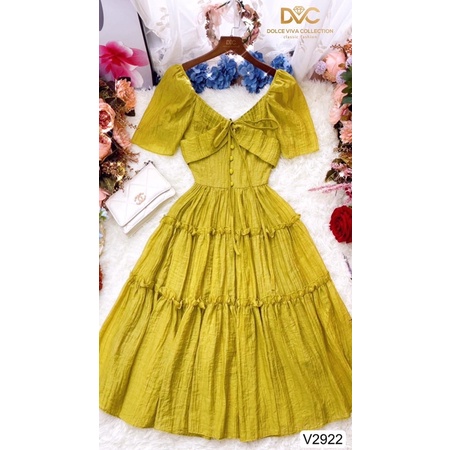 V2922 Váy đầm xanh bơ cổ V dáng dài 3 tầng nữ tính -  Dolce viva colection