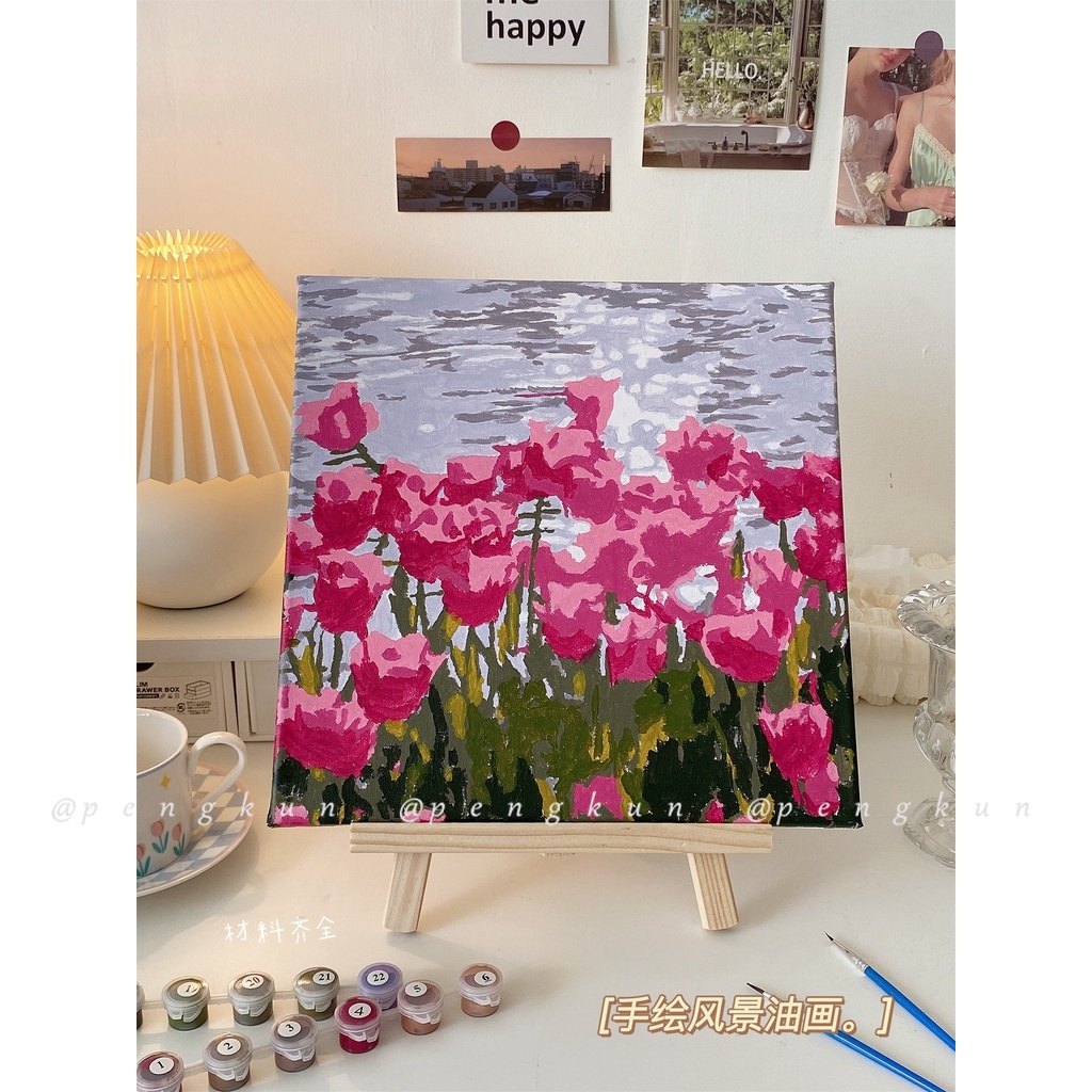 Tranh Sơn Dầu Acrylic Hình Hoa Tulip 20x20cm Trang Trí Phòng Ngủ