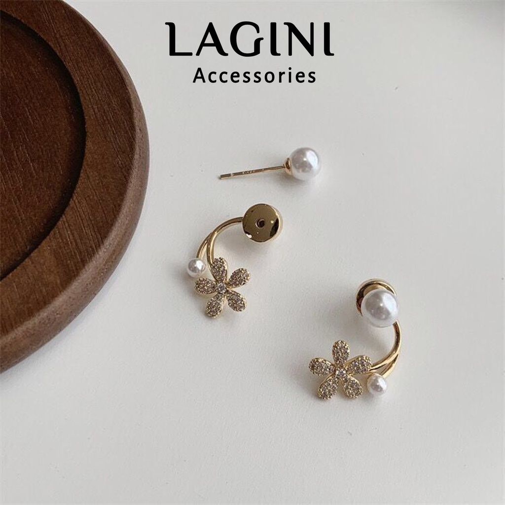 Bông tai ôm vành hoa đính đá chuôi bạc Lagini trẻ trung cho nữ phong cách Hàn Quốc