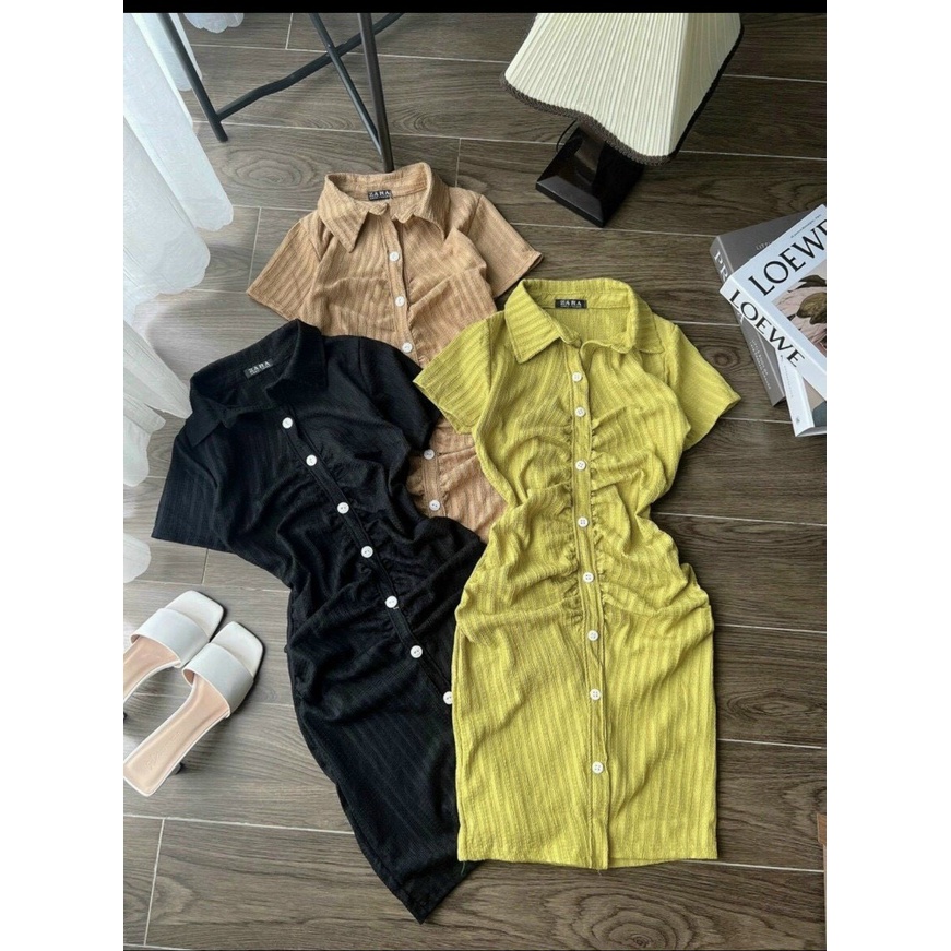 đầm thun gân xương cá body kiểu sơ mi đính nút