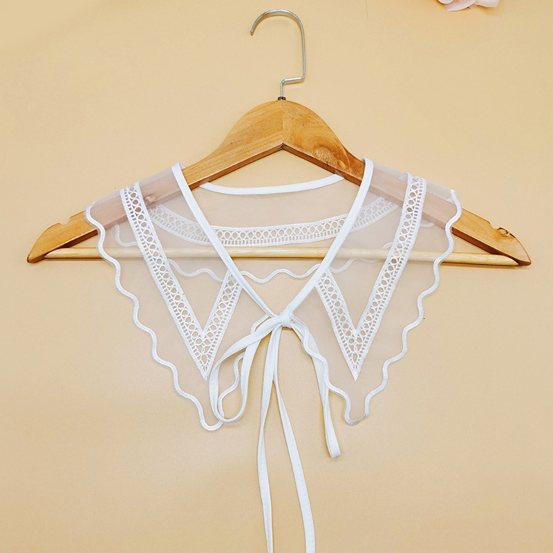 Khăn Choàng Cổ Lưới Xuyên Thấu Màu Trắng Thêu Họa Tiết Hình Học Phối Nơ Cột Dây Có Thể Tháo Rời Cho Nữ