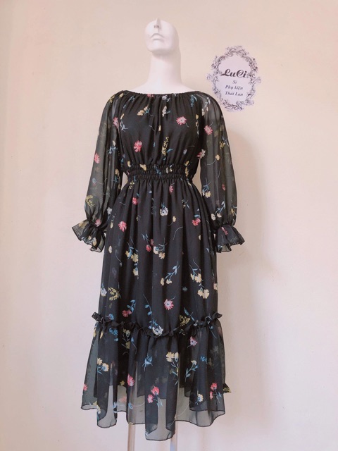 Đầm maxi trễ vai NHIỀU MÀU dài tay đầm vintage bệt vai đầm bầu đi biển hoa | BigBuy360 - bigbuy360.vn