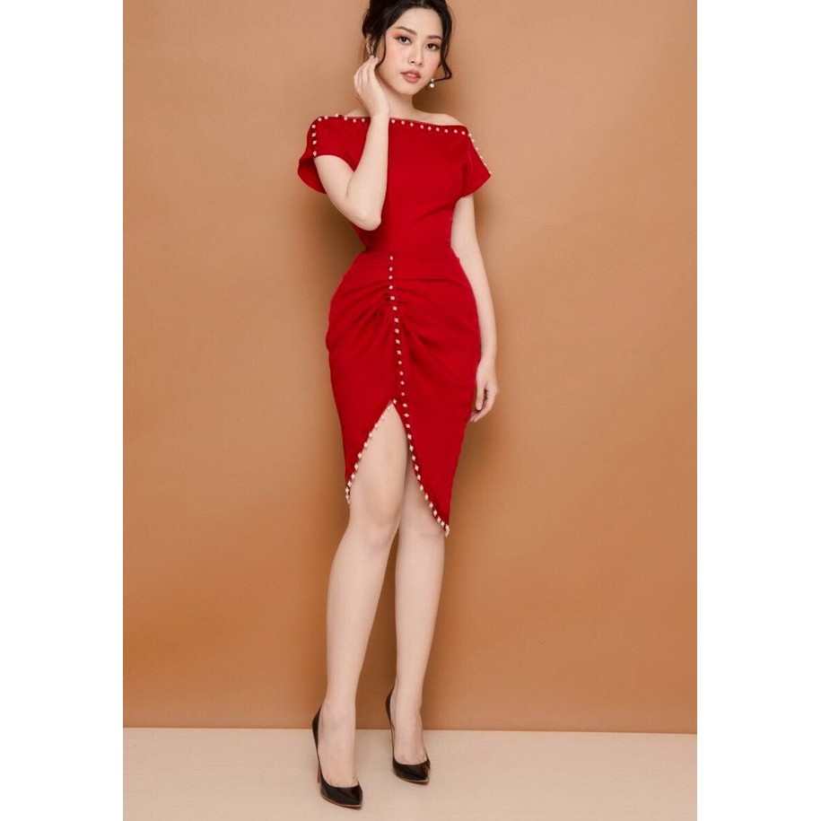 Váy ôm lệch vai đính hạt dún eo 2295 (kèm hình thật - CÓ BIG SIZE)
