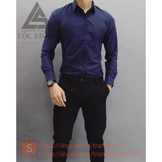 Set quần tây âu đen và áo sơmi xanh than body hàn quốc