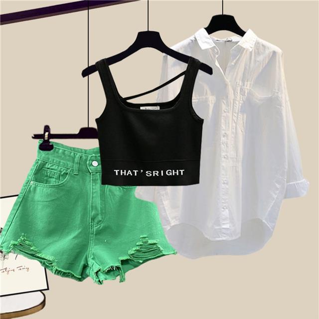 Jiashucheng Bộ Áo Sơ Mi + Quần Short Denim Cỡ Lớn Thời Trang Mùa Hè Mới Cho Nữ