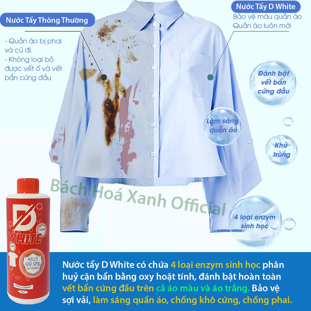Tẩy trắng quần áo D White, Tẩy mốc quần áo, ố vàng, không phai màu vải