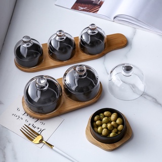 Khay tre đựng hạt khô, mứt tết,bánh kẹo hoa quả gồm hũ sứ - Nắp thủy tinh set 1 hoặc 3 hũ