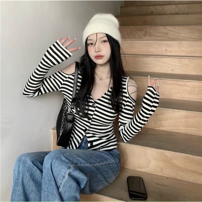 Áo thun sọc dài tay khoét vai xinh GB alohashop91