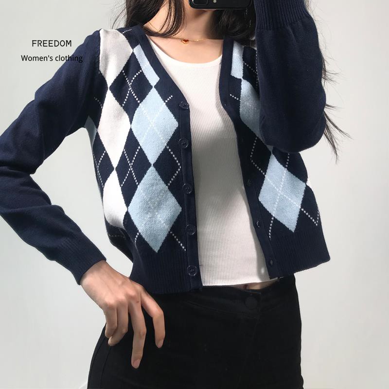 FREEDOM  Áo Khoác Cardigan dệt kim cổ chữ V Tay Dài Dáng Ngắn Họa Tiết Hình Thời Màu Phong Cách Âu Mỹ Trang Cho