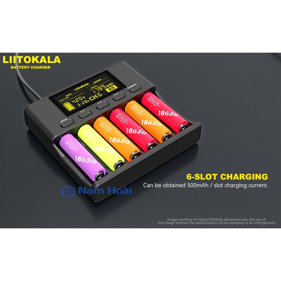 Bộ sạc pin LiitoKala lii-S6 18650 tự động 6 ngăn cho 18650 26650 21700 14500,10440 AA, AAA...