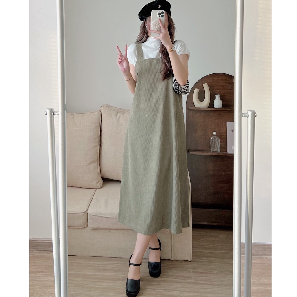 Váy yếm nhung tăm nữ dáng dài form rộng hot trend phong cách Hàn Quốc Kozoda Y2