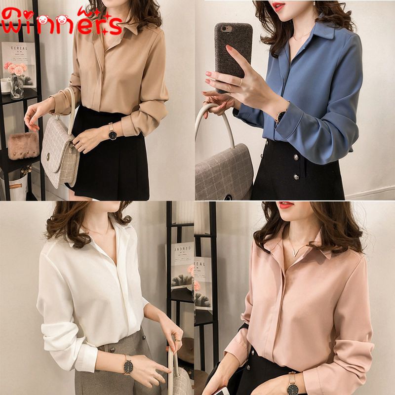 Áo chiffon tay dài cổ bẻ thanh lịch cho nữ