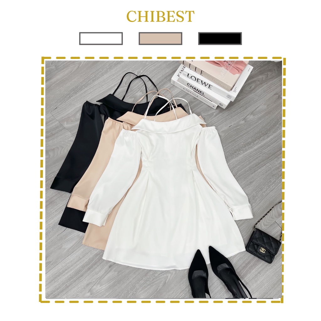 Đầm lụa 2 dây chéo lưng tay rơi sang trọng CHIBEST HDB95
