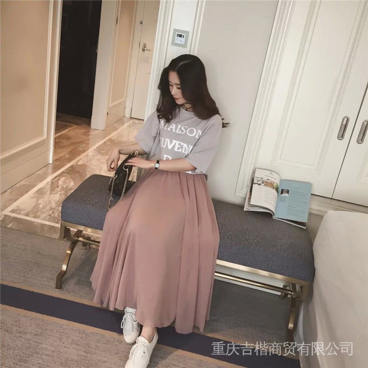 Spring and Summer chiffon double-layer large-swing skirt long skirt anti-penetration small fresh large size high waist ethnic style student dress